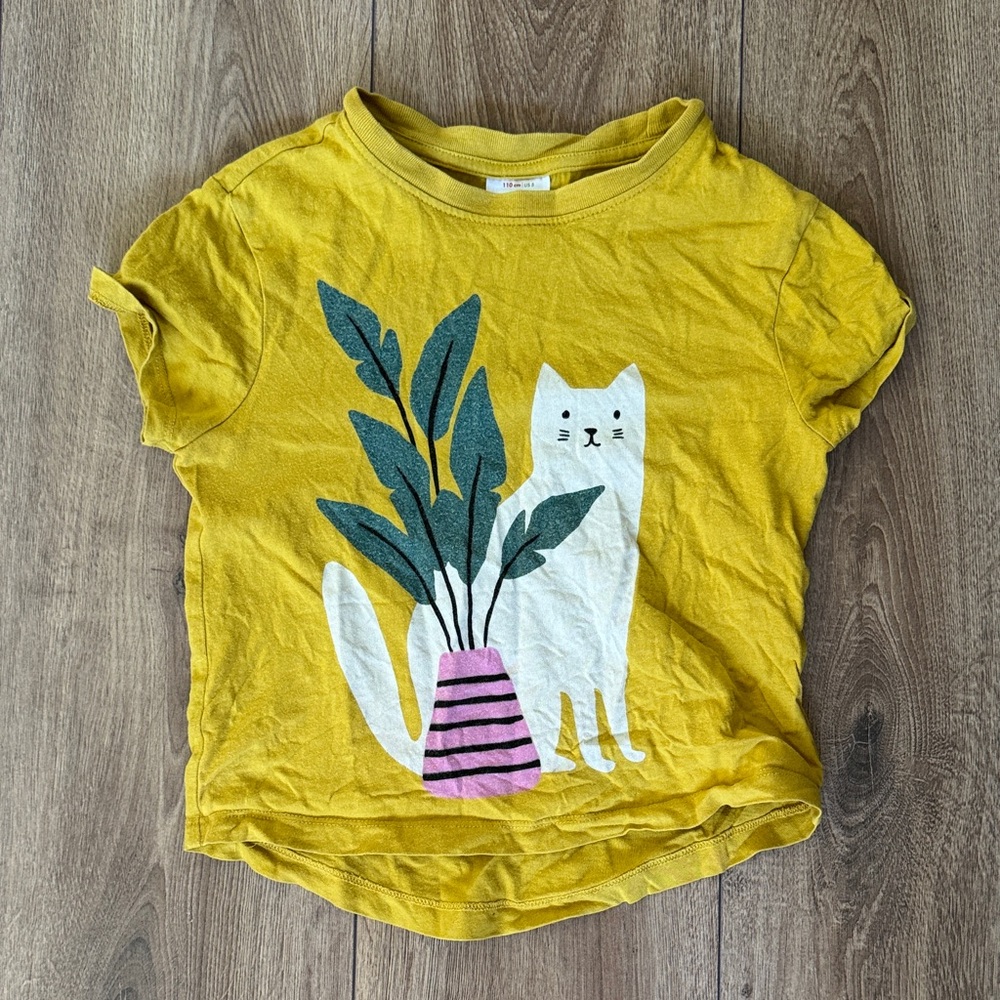 Hanna Anderson Yellow Kids Tee with White Cat & Green Plant Graphic